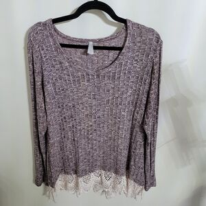 Vanity Women's Lavender Knit Long-Sleeve Top with Lace Hem, Size L